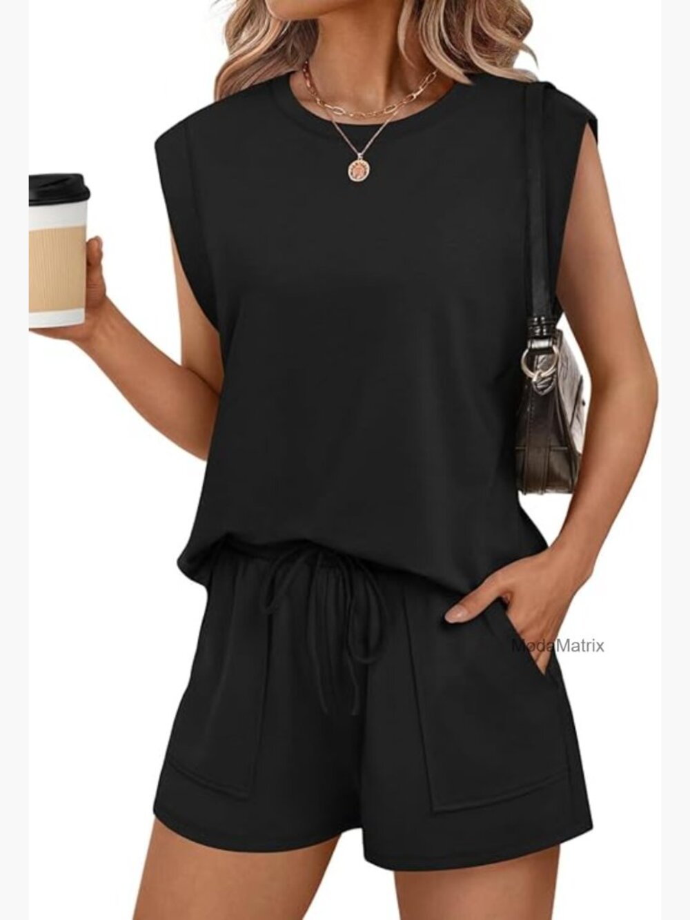 Cap Sleeve Lounge Short Set with Pockets, Soft Cotton Blend, Two Piece - Picture 1 of 7